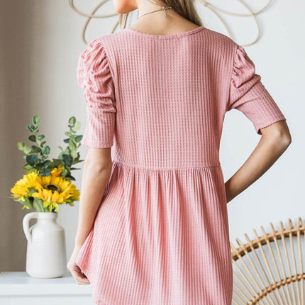 Heimish Full Size Waffle Knit V-Neck Babydoll Top - MimiStylez