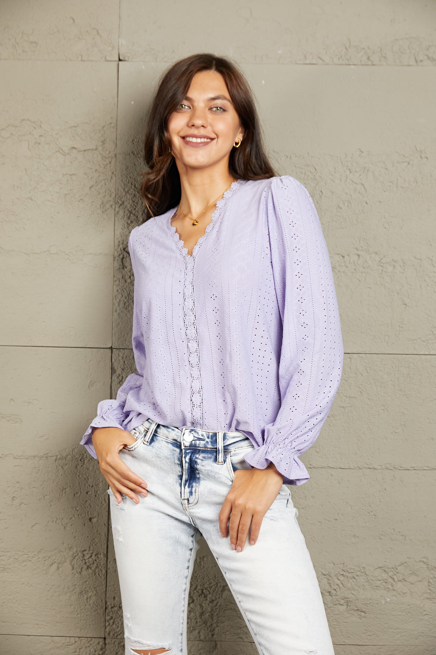 Eyelet V-Neck Flounce Sleeve Blouse