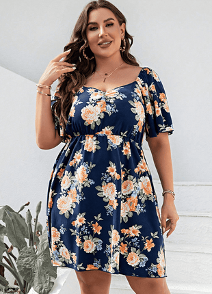 Plus Size Floral Print V-Neck Flutter Sleeve Mini Dress - MimiStylez