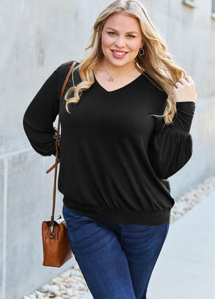 Basic Bae Full Size V-Neck Lantern Sleeve Blouse - MimiStylez