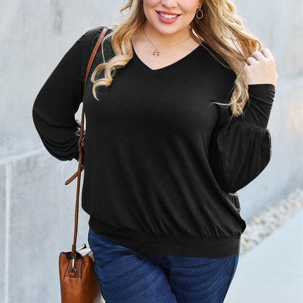 Basic Bae Full Size V-Neck Lantern Sleeve Blouse - MimiStylez