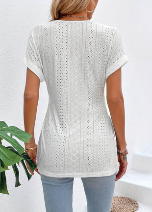 Slit Eyelet V-Neck Short Sleeve Blouse - MimiStylez