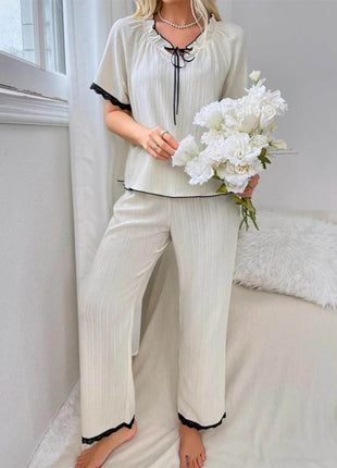 Contrast Trim Short Sleeve Top and Pants Set - MimiStylez