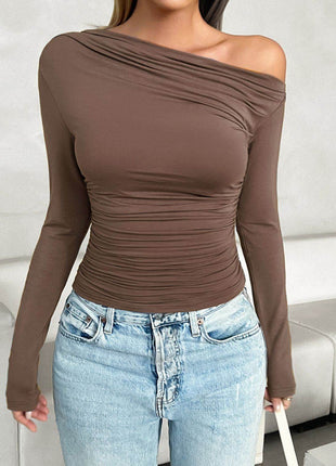 Ruched One Shoulder Long Sleeve T-Shirt - MimiStylez