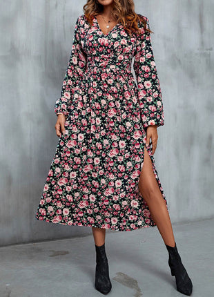 Floral V-Neck Slit Midi Dress - MimiStylez