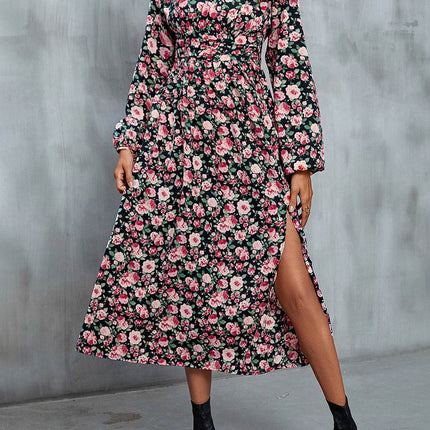 Floral V-Neck Slit Midi Dress - MimiStylez