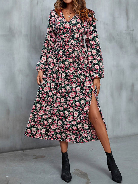 Floral V-Neck Slit Midi Dress - MimiStylez