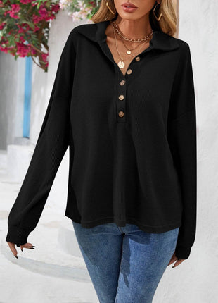 Half Button Collared Neck Long Sleeve Top - MimiStylez