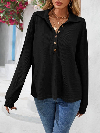Half Button Collared Neck Long Sleeve Top - MimiStylez