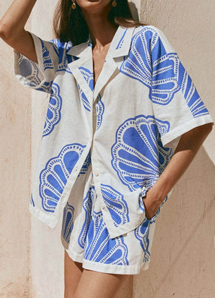 Printed Button Up Shirt and Shorts Set - MimiStylez