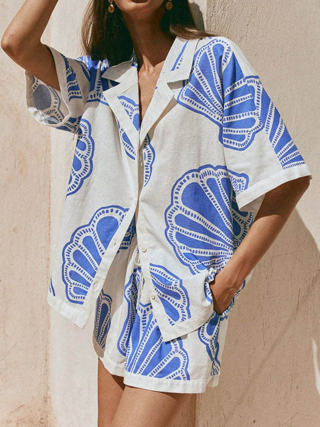 Printed Button Up Shirt and Shorts Set - MimiStylez