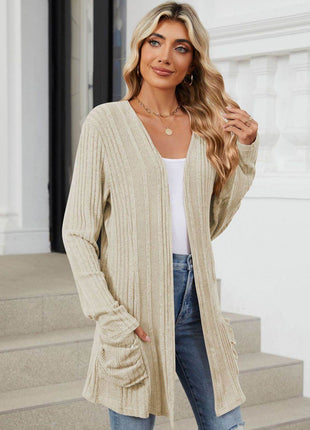 Pocketed Open Front Long Sleeve Cardigan - MimiStylez