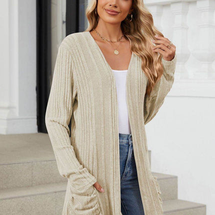 Pocketed Open Front Long Sleeve Cardigan - MimiStylez