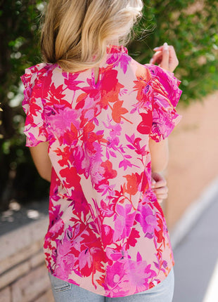 Frill Floral Mock Neck Cap Sleeve Blouse - MimiStylez