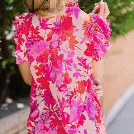 Frill Floral Mock Neck Cap Sleeve Blouse - MimiStylez