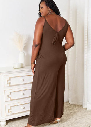 Double Take Full Size Soft Rayon Spaghetti Strap Tied Wide Leg Jumpsuit - MimiStylez