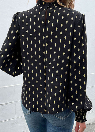 Geometric Print Frill Neck Lantern Sleeve Blouse - MimiStylez