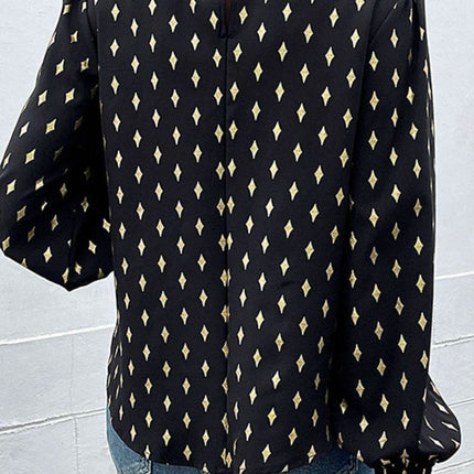 Geometric Print Frill Neck Lantern Sleeve Blouse - MimiStylez