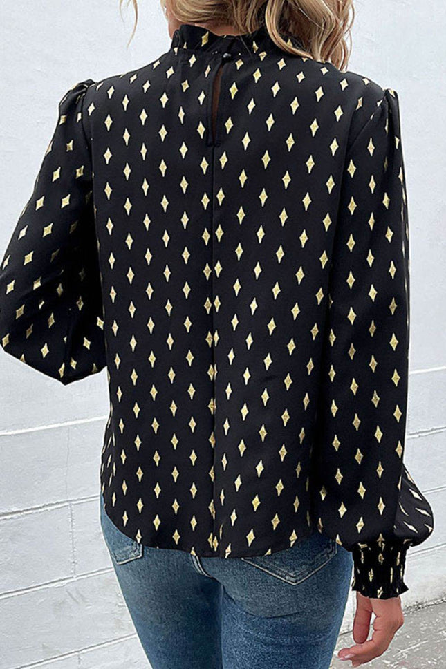 Geometric Print Frill Neck Lantern Sleeve Blouse - MimiStylez