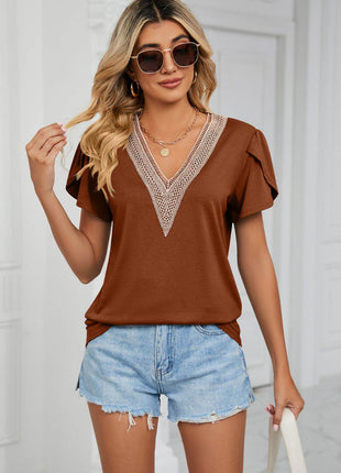 Contrast Trim Petal Sleeve V-Neck Top - MimiStylez