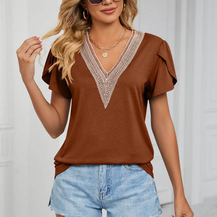 Contrast Trim Petal Sleeve V-Neck Top - MimiStylez