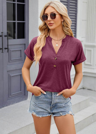 Decorative Button Notched Short Sleeve T-Shirt - MimiStylez