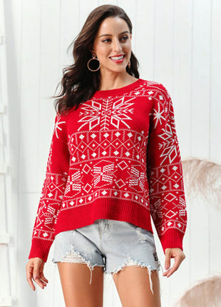 Snowflake Pattern Round Neck Sweater - MimiStylez