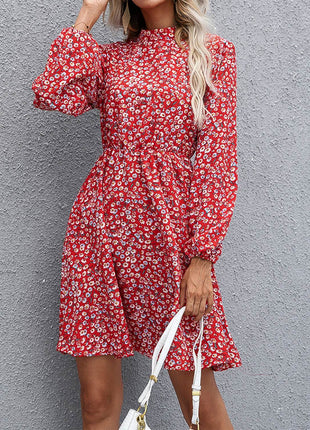 Floral Mock Neck Long Sleeve Dress - MimiStylez