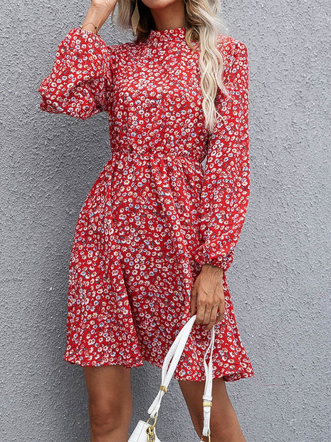 Floral Mock Neck Long Sleeve Dress - MimiStylez