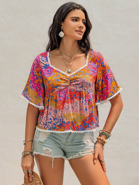 Ruched Printed Half Sleeve Blouse - MimiStylez