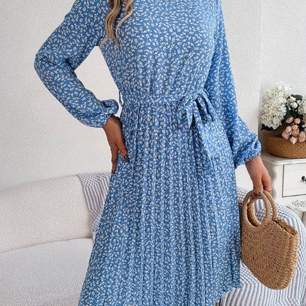 Ditsy Floral Tie Waist Pleated Dress - MimiStylez