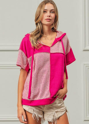 BiBi Color Block Exposed Seam Short Sleeve Hooded Top - MimiStylez
