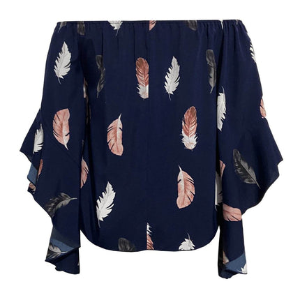 Feather Print Smocked Off-Shoulder Blouse - MimiStylez