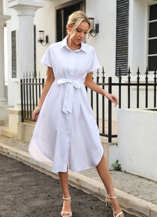 Tied Button Up Shirt Dress - MimiStylez