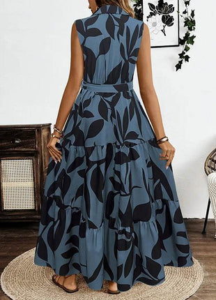 Women Sleeveless Boho Floral Maxi Dress Summer Button Shirt V Neck Flowy Belted Beach Vacation Dresses - MimiStylez