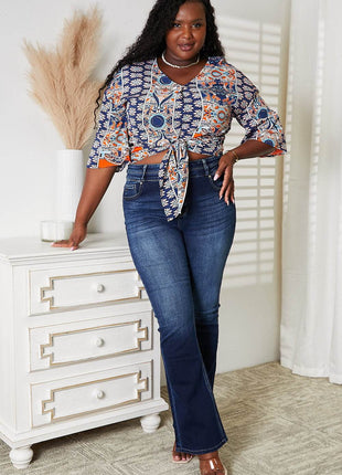 Tie Hem V-Neck Three-Quarter Sleeve Blouse - MimiStylez