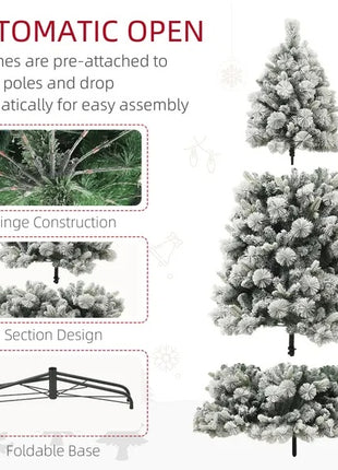 6.5 Ft Pre-Lit Flocked Christmas Tree With 350 Clear Lights And 1107 Tips, With Metal Stand, Hinged Xmas Tree