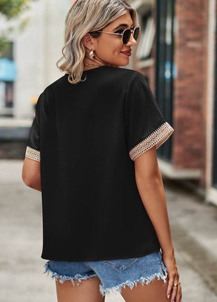 Openwork V-Neck Short Sleeve T-Shirt - MimiStylez