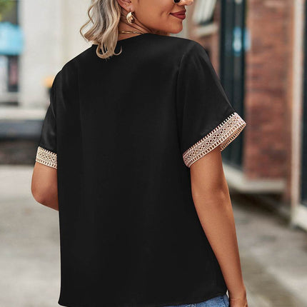 Openwork V-Neck Short Sleeve T-Shirt - MimiStylez
