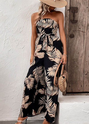 Printed Strapless Wide Leg Jumpsuit with Pockets - MimiStylez