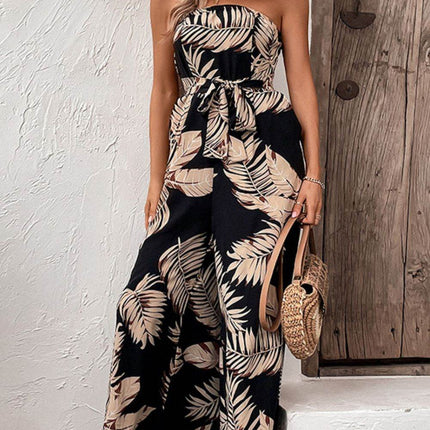 Printed Strapless Wide Leg Jumpsuit with Pockets - MimiStylez