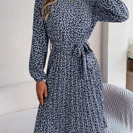 Ditsy Floral Tie Waist Pleated Dress - MimiStylez
