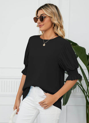 Pleated Flounce Sleeve Keyhole Blouse - MimiStylez