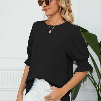 Pleated Flounce Sleeve Keyhole Blouse - MimiStylez