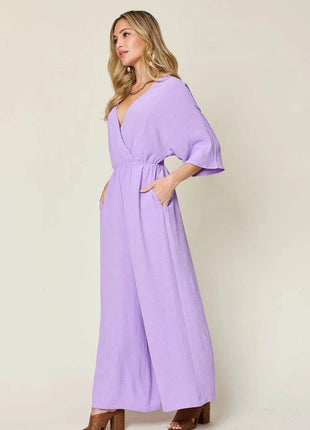 Double Take Full Size Surplice Wide Leg Jumpsuit with Pockets - MimiStylez