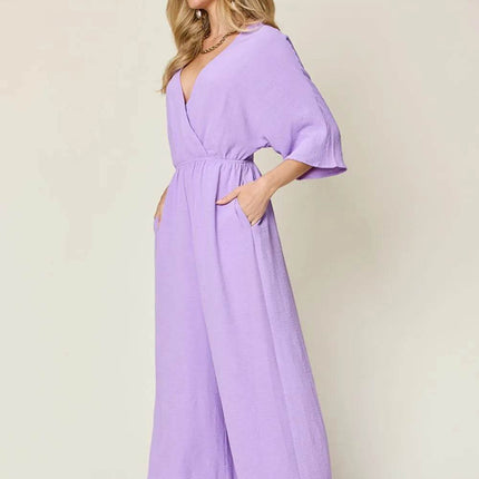 Double Take Full Size Surplice Wide Leg Jumpsuit with Pockets - MimiStylez