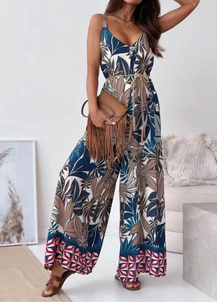 Printed V-Neck Wide Leg Jumpsuit - MimiStylez