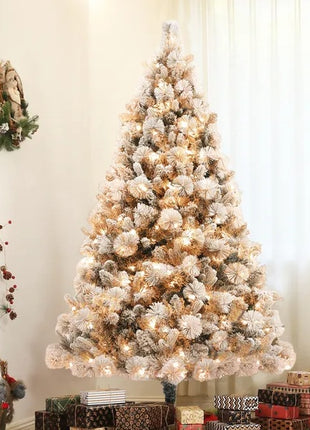 6.5 Ft Pre-Lit Flocked Christmas Tree With 350 Clear Lights And 1107 Tips, With Metal Stand, Hinged Xmas Tree