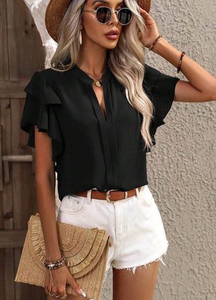 Ruffled Notched Short Sleeve Blouse - MimiStylez