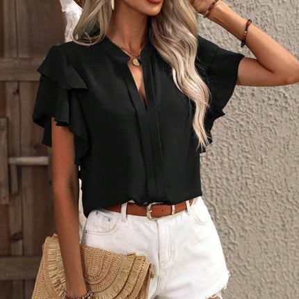 Ruffled Notched Short Sleeve Blouse - MimiStylez
